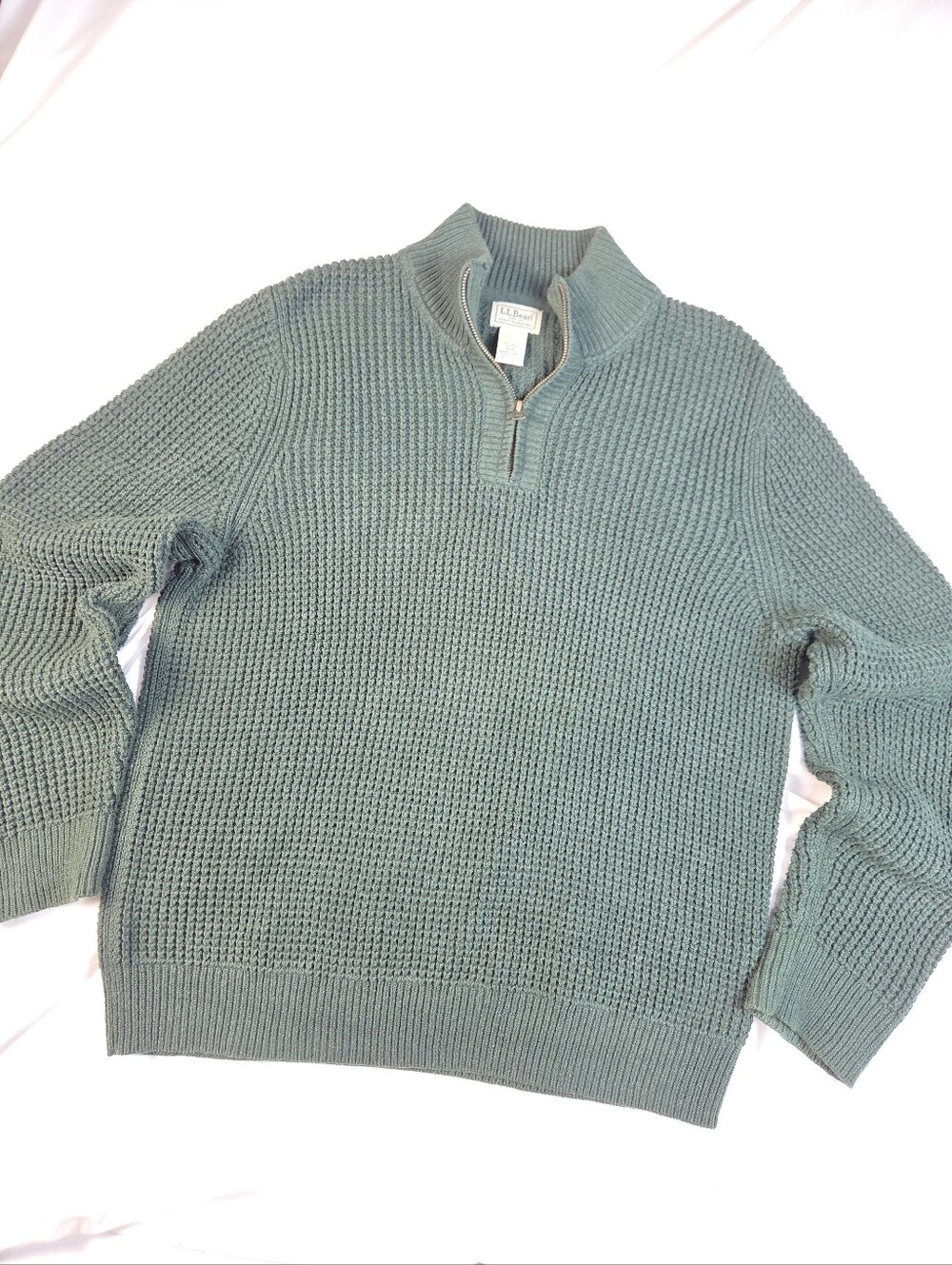 Green VTG L.L. Bean Organic Cotton Waffle Knit Pullover 1/4 Zip Sweater Mens Med